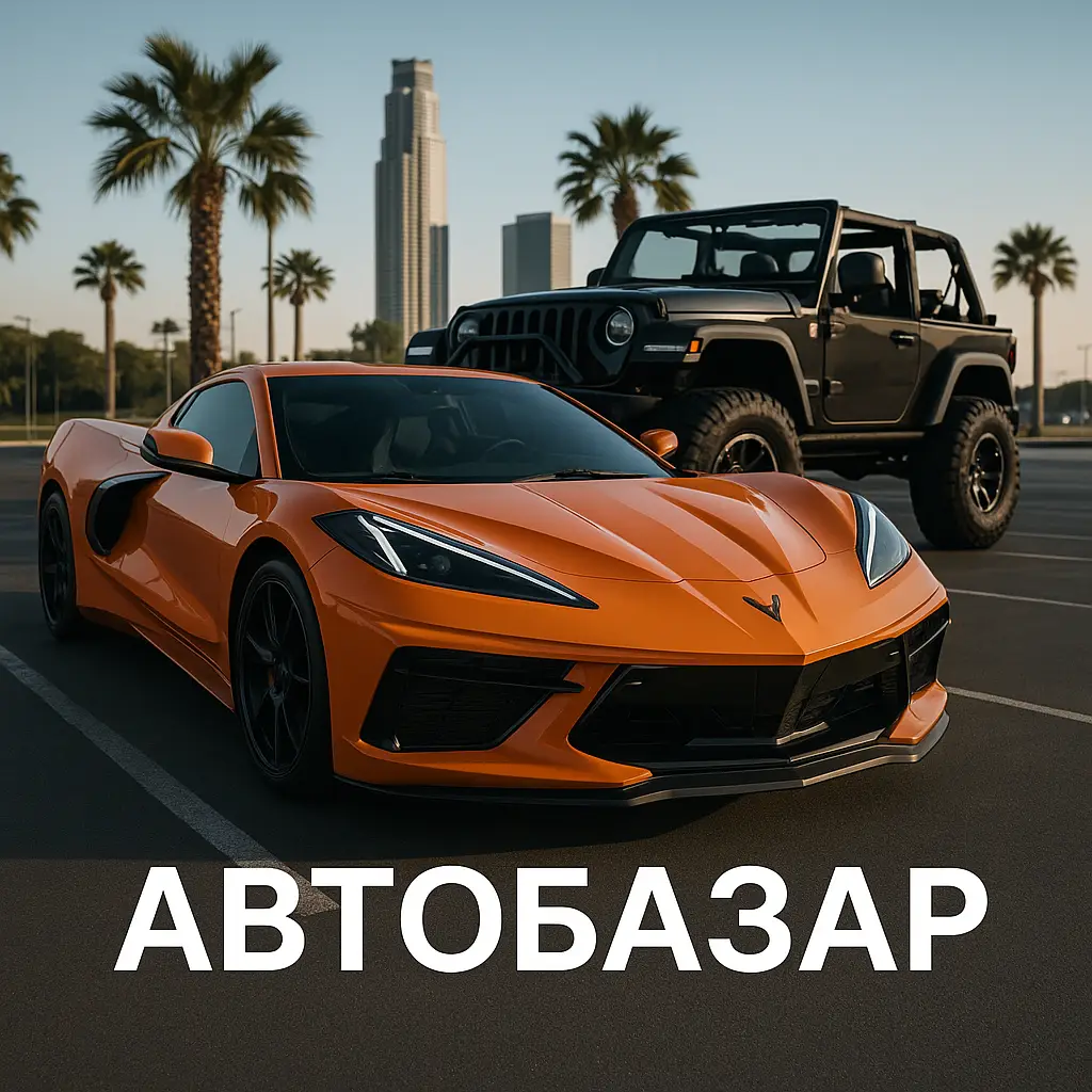 На фоне пальм стоят оранжевый суперкар и черный внедорожник.